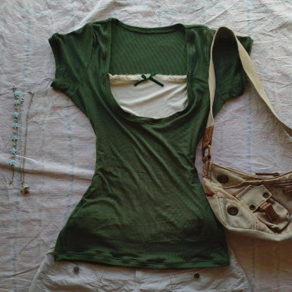 Vintage Green Lace Square Neck Short Sleeve Top