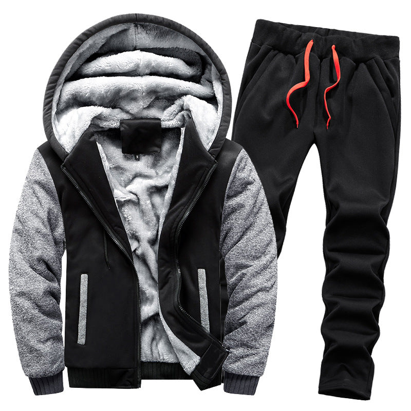 Men's thickened fleece-lined hoodie set