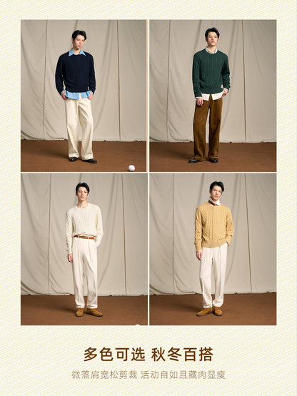 Vintage Cable Knit Cotton Sweater Mens Casual Pullover