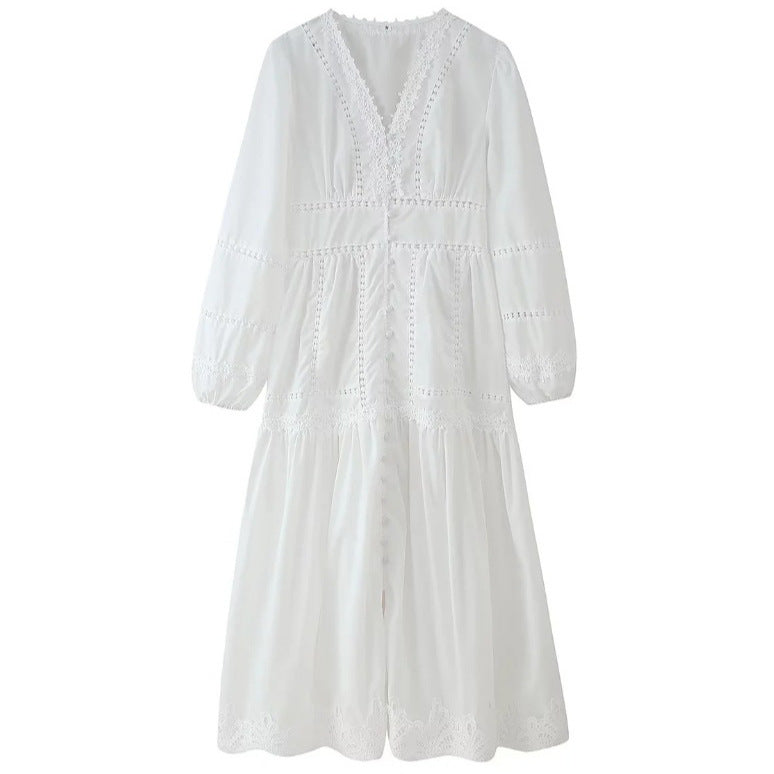 Womens V-Neck Lace Splicing Hollow-out Dress