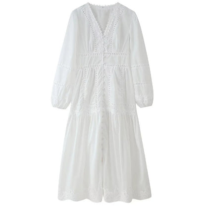 Womens V-Neck Lace Splicing Hollow-out Dress