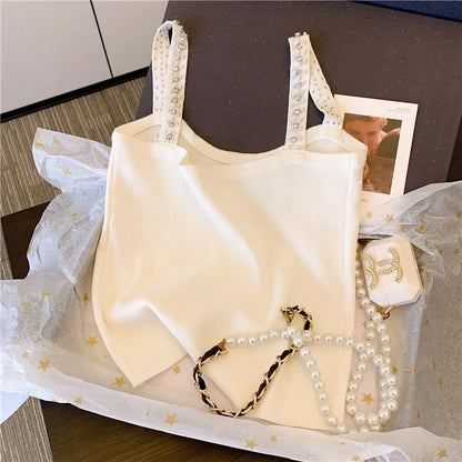 Pearl Beaded Sexy Slim Knit Vests Women's Crop Tops  Summer Sleeveless Stylish Vintage Fashion Chic Ladies Knitwear Jumpers