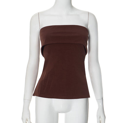 Women's Clothing Summer New Pure Color Sleeveless Backless Wide Lapel Slit Tube Top Sexy Blouse