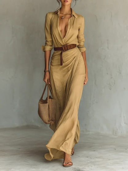 Elegant Pleated Belted Midi Dress