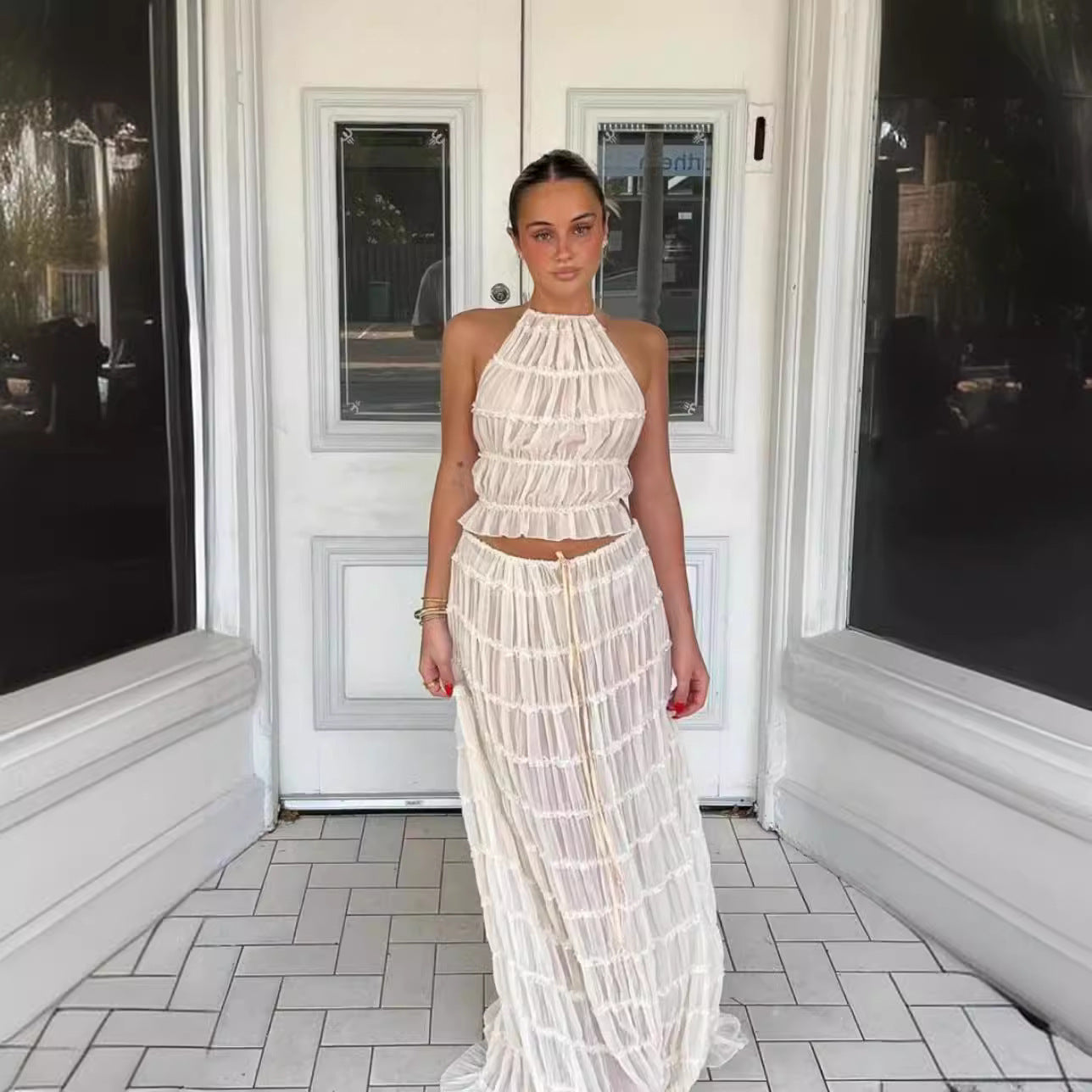 Lace-trimmed halter long dress