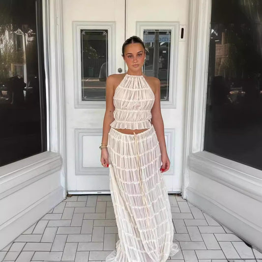 Lace-trimmed halter long dress