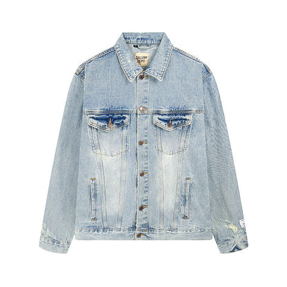 Embroidered Washed Destroyed Denim Jacket