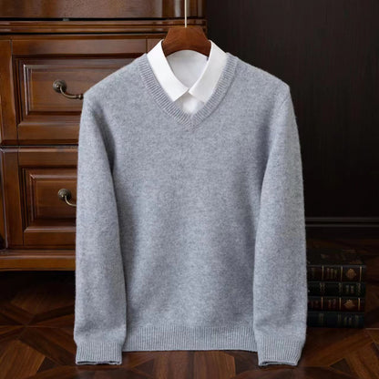 Classic versatile thick wool sweater with round V-neck