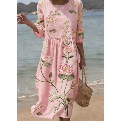 Women's Mid-Length Sleeve Dress with Side Pockets