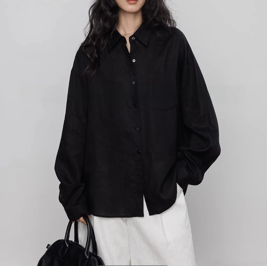 Women's Long-Sleeve Shirt with Tencel Linen, Vintage Style, Casual and Lazy, Suitable for Commuting
