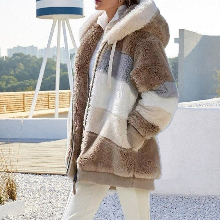 Zipper Pocket Hooded Loose Coat Women