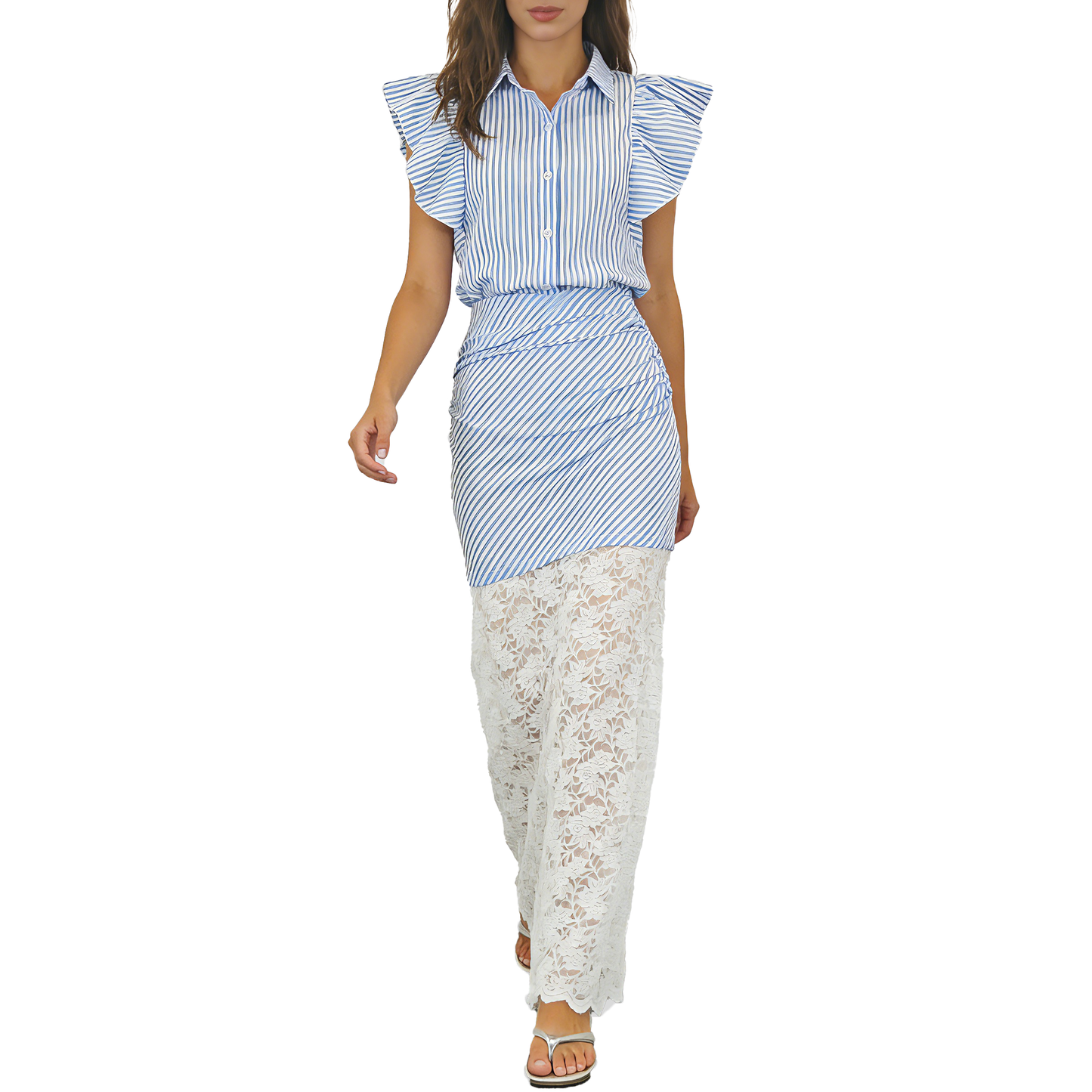 Flutter Sleeve Striped Lace Set