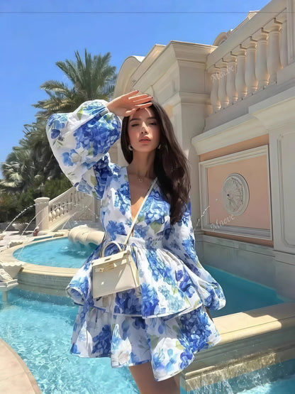 Elegant V-Neck Puff Sleeve Printed Dress