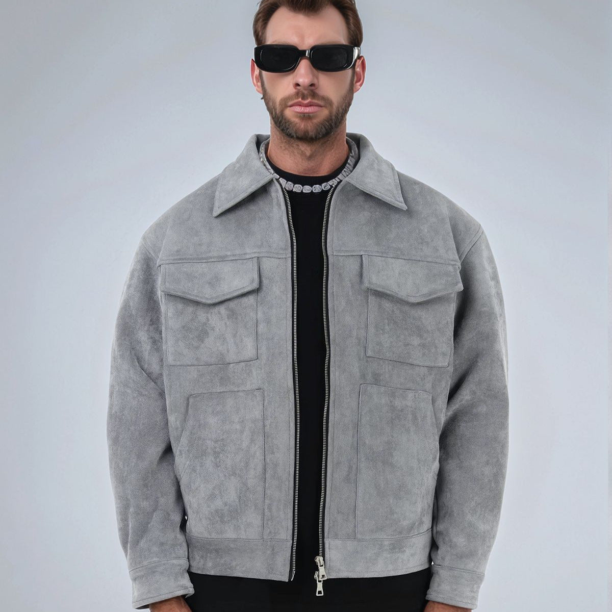 Mens Suede Lapel Zipper Jacket