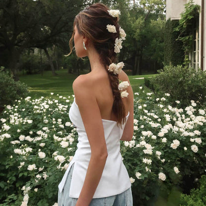 Women's Clothing Summer New Pure Color Sleeveless Backless Wide Lapel Slit Tube Top Sexy Blouse