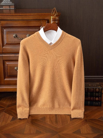 Classic versatile thick wool sweater with round V-neck
