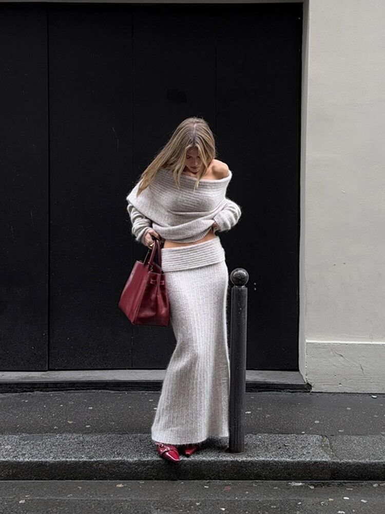 Women's Off-Shoulder Knit Top and Skirt