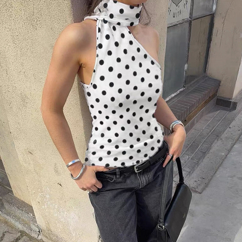 Backless slimming hanging neck polka dot print versatile top for women's clothing