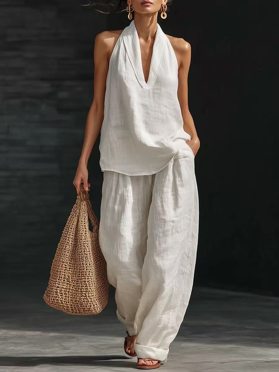 Womens Halter Neck Sleeveless Casual Two-Piece Set