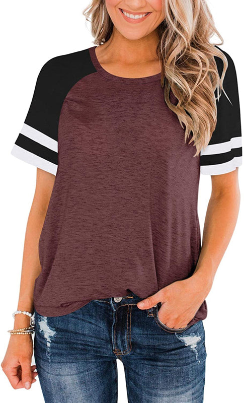 T-Shirt Summer Round Neck Stitching Short Sleeve Striped Contrast Color Loose Plus Size Women's Clothing