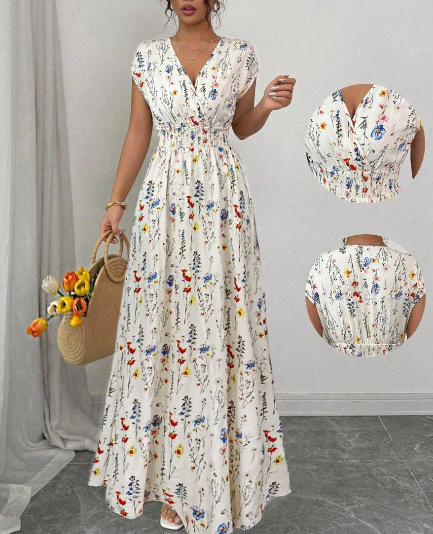 Floral Print V-Neck Lace-Up A-Line Dress