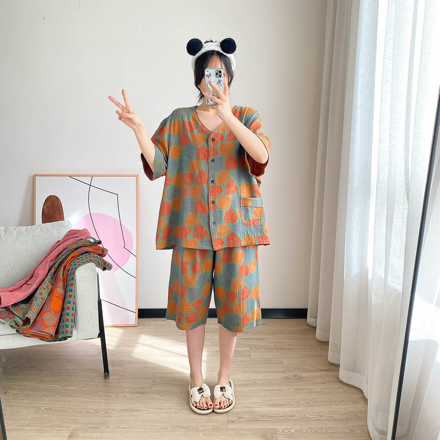 Cotton V-Neck Cropped Pajama Set