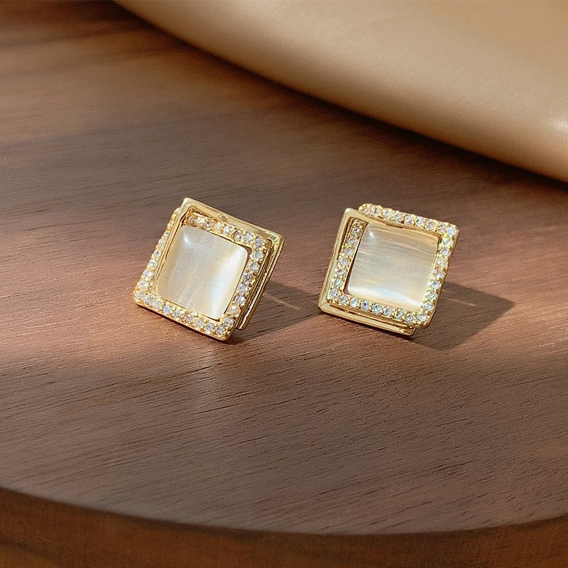 S925 Silver Needle Cat's Eye Small Earrings Female Geometric Square Love Diamond Earrings Simple Atmosphere Earrings
