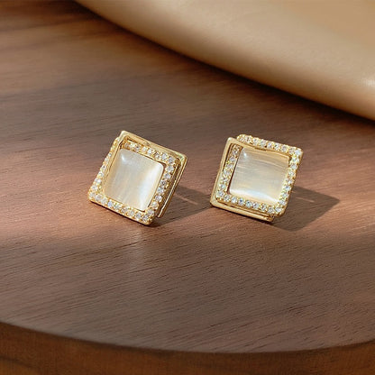 S925 Silver Needle Cat's Eye Small Earrings Female Geometric Square Love Diamond Earrings Simple Atmosphere Earrings