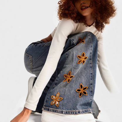 Embroidered High-Waisted Loose Denim Pants