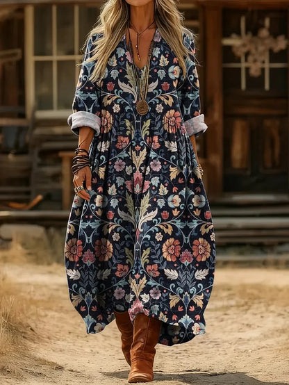 Womens Floral Print V-Neck Long Sleeve Dress