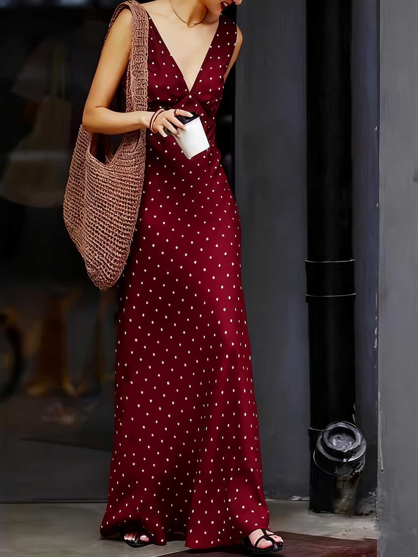 Satin Polka Dot Lace-up Waist Dress