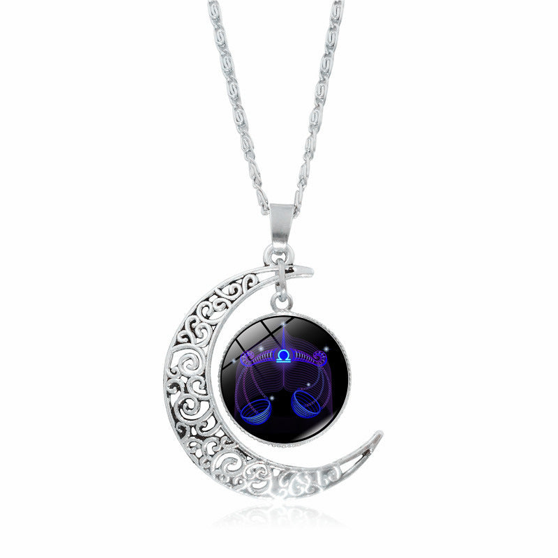Cross-Border Hot Selling 12 Constellation Necklace Twelve Zodiac Signs Time Gem Moon Glass Pendant European and American Necklace Wholesale