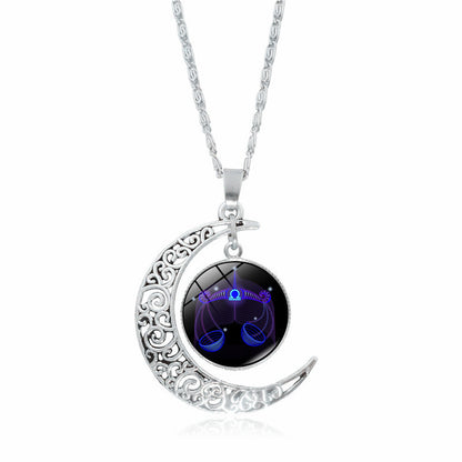Cross-Border Hot Selling 12 Constellation Necklace Twelve Zodiac Signs Time Gem Moon Glass Pendant European and American Necklace Wholesale