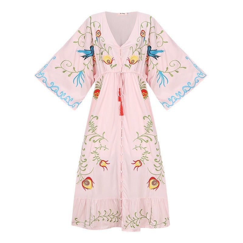 Retro long dress with openwork tassel decoration