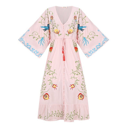 Retro long dress with openwork tassel decoration