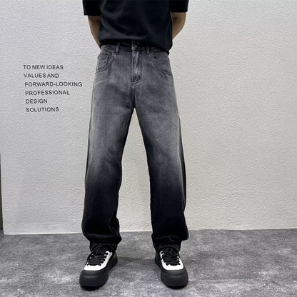 Gradient Distressed Denim Pants Loose Straight Leg