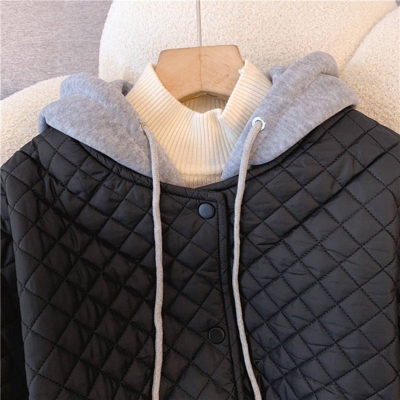 Black Hooded Quilted Cotton Jacket for Women