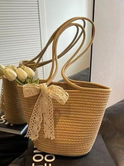 Woven Straw Beach Tote Bag with Cotton Lining