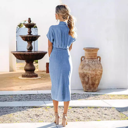 Elegant High Waist Denim Dress with Buttons