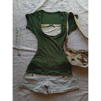 Vintage Green Lace Square Neck Short Sleeve Top