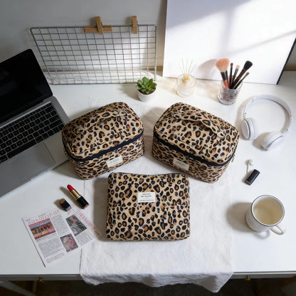 Retro Leopard Print Cosmetic Bag with Partition Storage