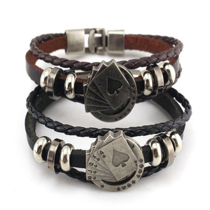 Vintage Cowhide Playing Card Bracelet Three Layer Woven Cowhide Fashion Hand Strap European and American Men Women Accessories