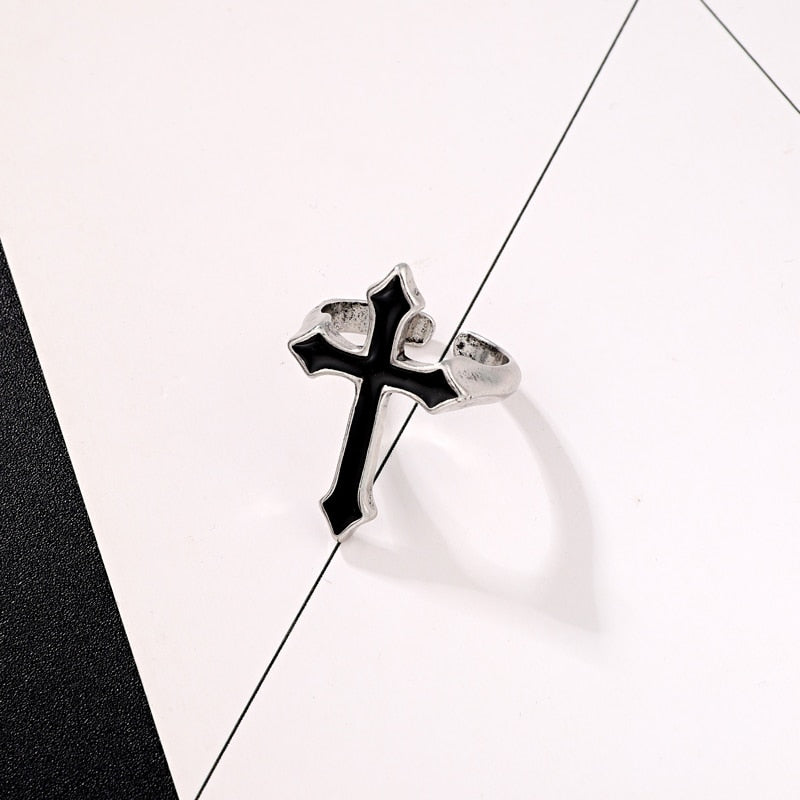 1PC Vintage Black Big Cross Open Ring For Women Party Jewelry Men Trendy Gothic Metal Color Finger Ring Anillo R58-1