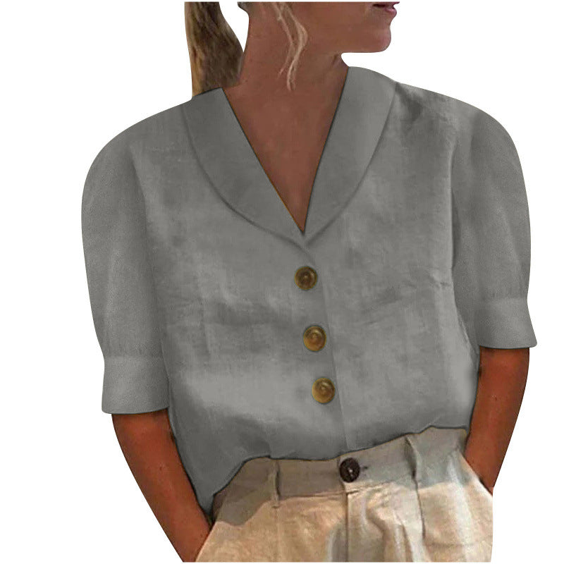 Women's Lapel Button Cotton Linen Top