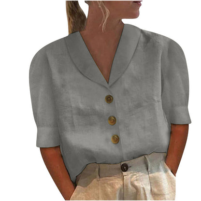Women's Lapel Button Cotton Linen Top