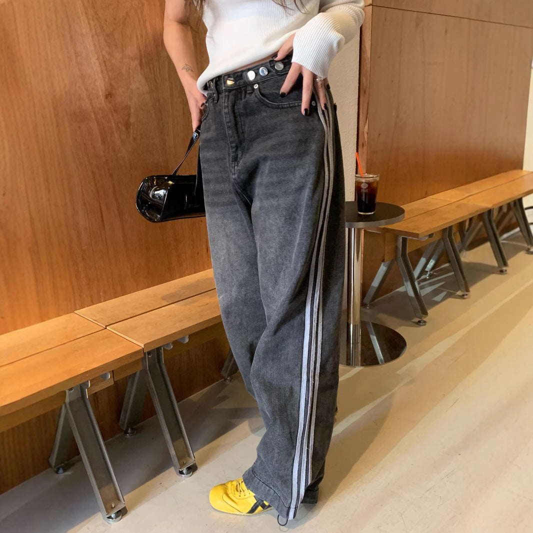 Adjustable Waist Wide Leg Denim Pants