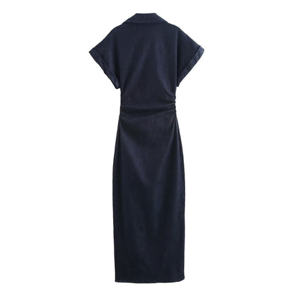 Womens Denim Midi Dress with V-Neck