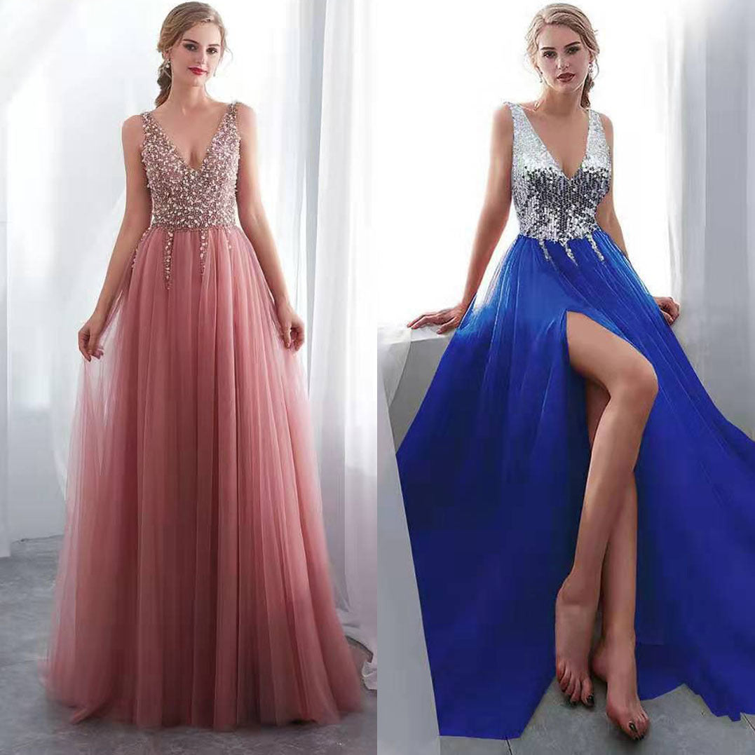 Embroidered Sequin V-Neck Long Evening Dress