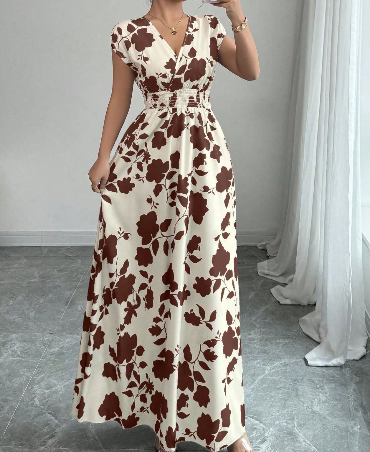 Floral Print V-Neck Lace-Up A-Line Dress