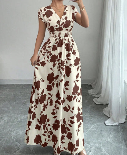 Floral Print V-Neck Lace-Up A-Line Dress